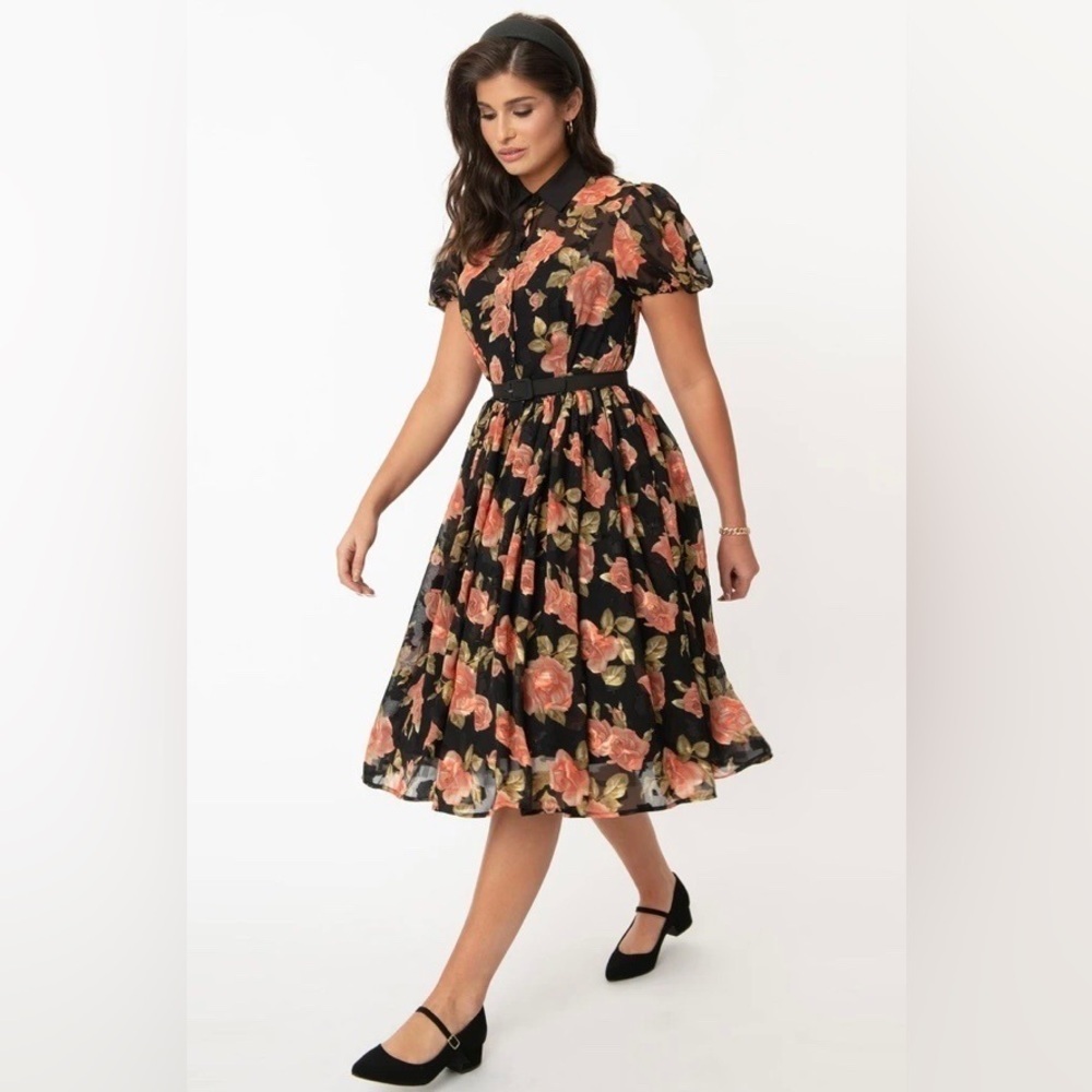 Unique Vintage Black Floral Fit-and-Flare Dress with Peach Roses - Picture 5 of 13